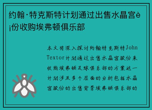 约翰·特克斯特计划通过出售水晶宫股份收购埃弗顿俱乐部